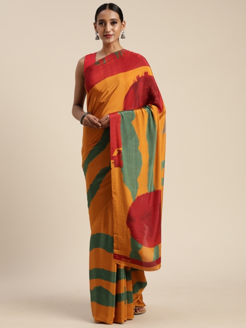 

Mitera Mustard Yellow & Red Pure Crepe Printed Saree