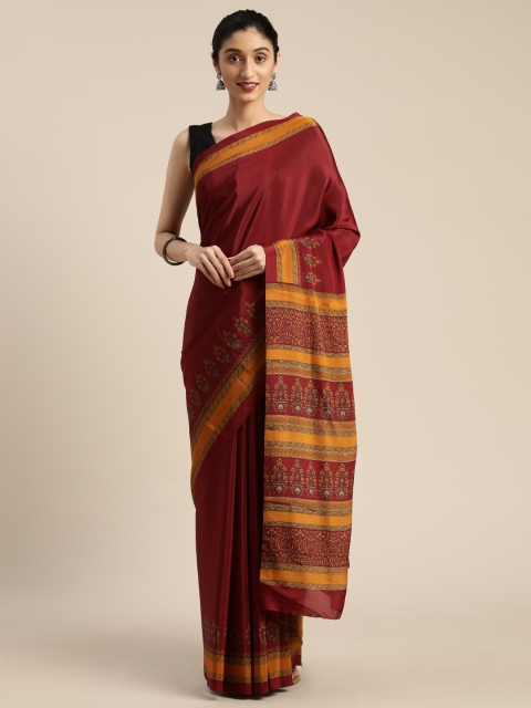 

Mitera Maroon & Mustard Yellow Pure Crepe Solid Saree