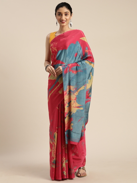 

Mitera Pink & Teal Blue Pure Crepe Printed Saree