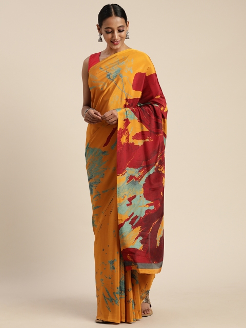 

Mitera Mustard Yellow & Maroon Pure Crepe Printed Saree