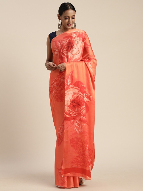 

Mitera Orange Floral Printed Satin Saree