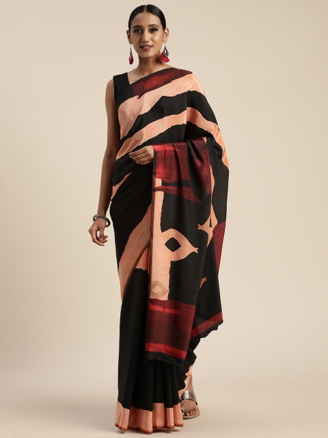 

Mitera Black & Coral Orange Pure Crepe Printed Saree