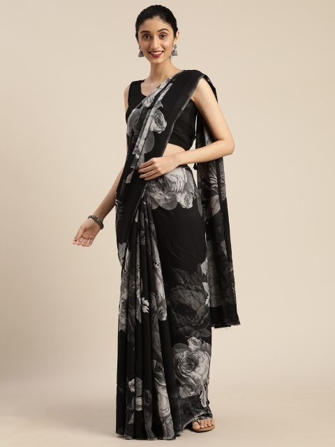 

Mitera Black & Off-White Satin Floral Printed Saree