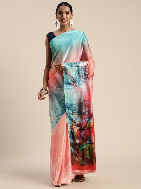 

Mitera Peach-Coloured & Turquoise Blue Satin Printed Saree