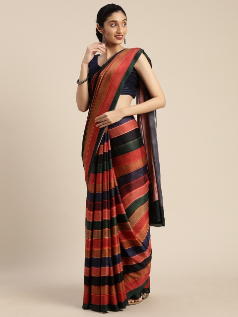 

Mitera Coral Red & Green Satin Striped Saree