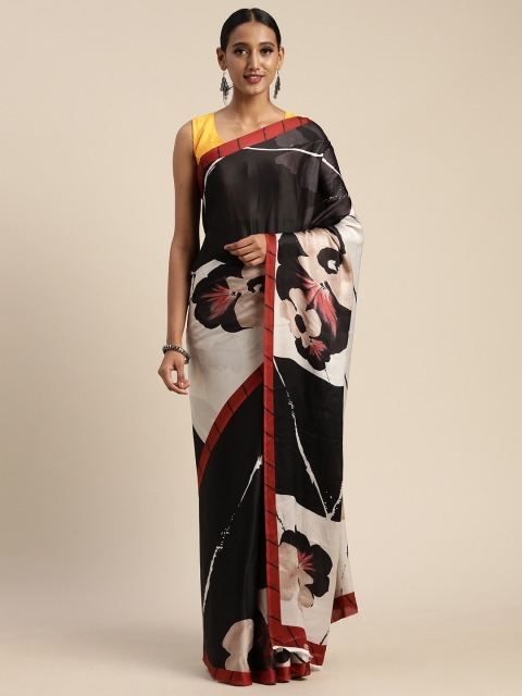 

Mitera Black & Off-White Satin Floral Printed Saree