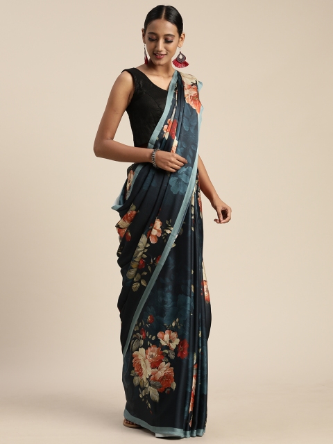 

Mitera Teal Blue & Beige Satin Floral Printed Saree