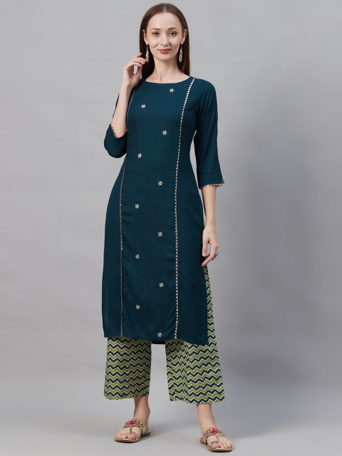 

Indo Era Women Navy Blue Embroidered Kurta with Palazzos