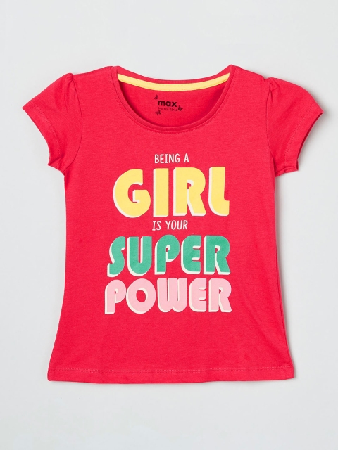 

max Girls Pink Printed Round Neck Pure Cotton T-shirt