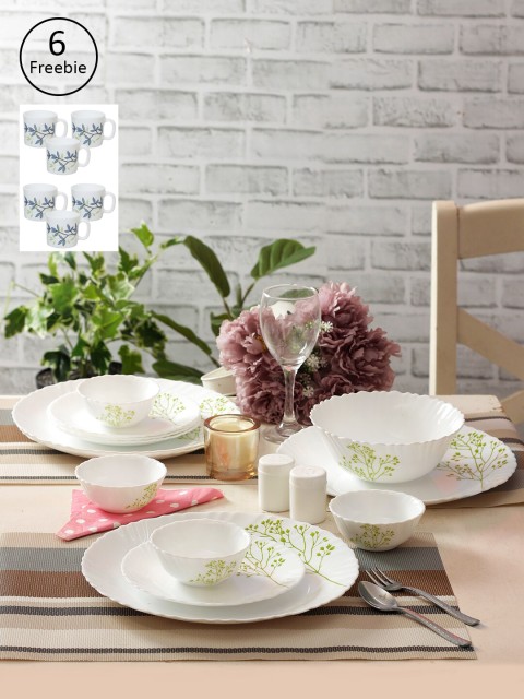 

Laopala White & Green Floral Print 23 Pieces Opalware Dinner Set