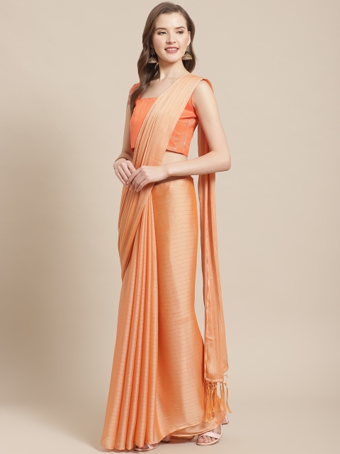 

Saree mall Peach-Coloured Striped Saree with Tassels