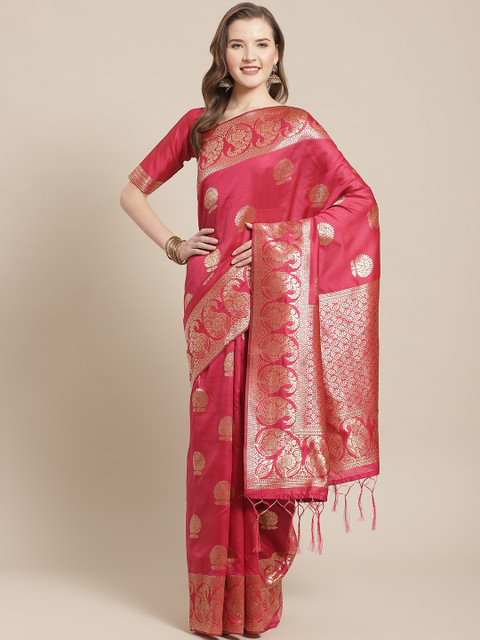 

Saree mall Pink & Golden Ethnic Motifs Woven Design Banarasi Saree