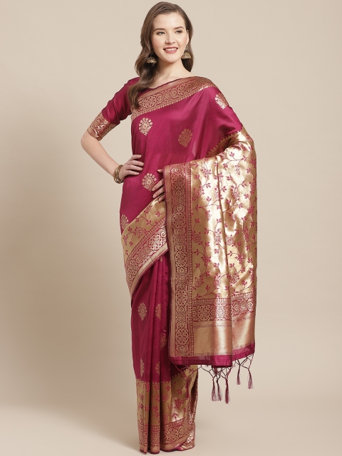 

Saree mall Magenta & Golden Ethnic Motifs Zari Woven Design Banarasi Saree