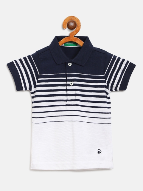 

United Colors of Benetton Boys Navy Blue & White Striped Polo Collar T-shirt