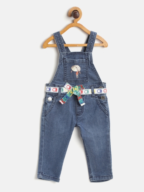

United Colors of Benetton Girls Navy Blue Solid Denim Dungaress with Belt