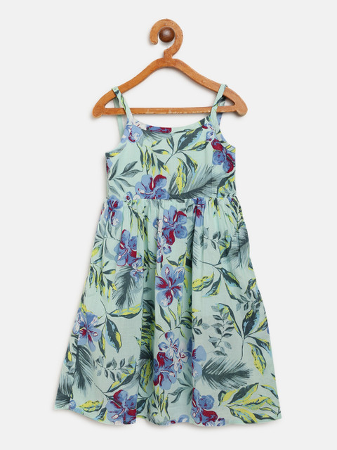 

United Colors of Benetton Girls Green & Blue Tropical Print A-Line Dress