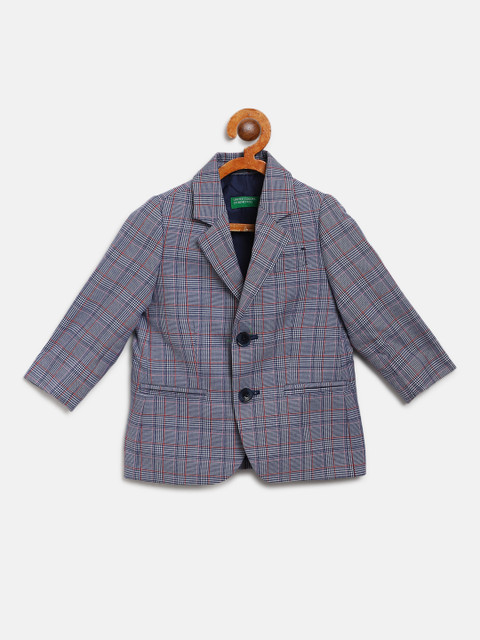 

United Colors of Benetton Boys Navy Blue Self-Checked Single-Breasted Smart Casual Blazer