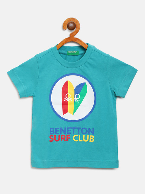

United Colors of Benetton Boys Turquoise Blue Surfboards Print Round Neck T-shirt