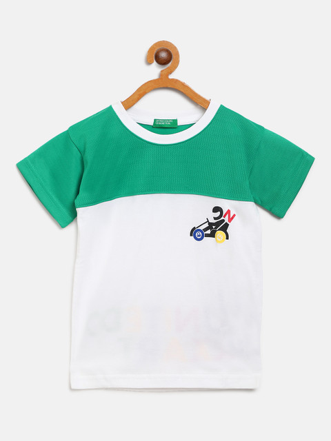 

United Colors of Benetton Boys White & Green Colourblocked Round Neck T-shirt