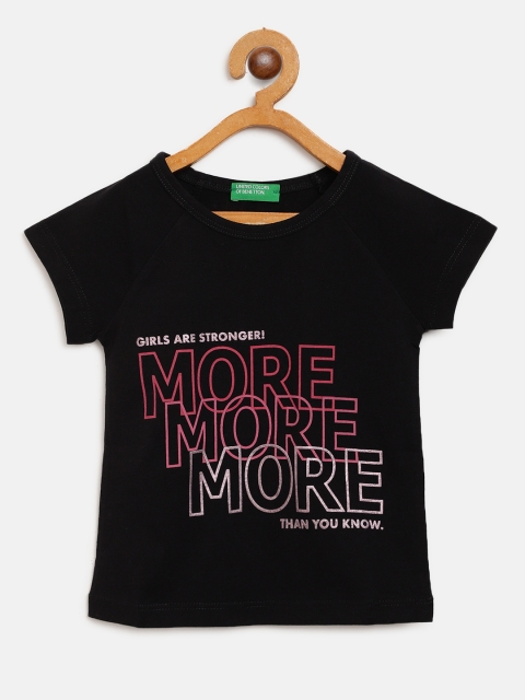 

United Colors of Benetton Girls Black & Pink Printed Round Neck T-shirt
