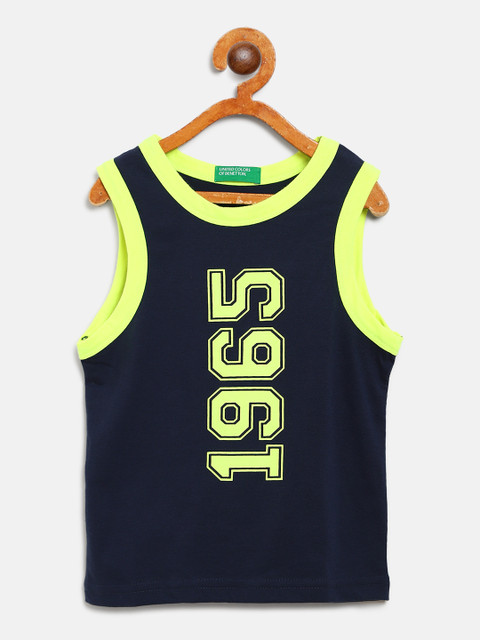 

United Colors of Benetton Boys Navy Blue Fluorescent Green 1965 Print Round Neck Pure Cotton T-shirt