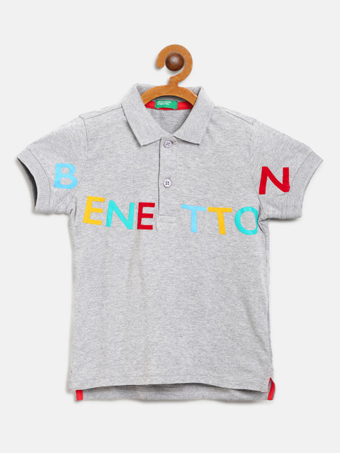 

United Colors of Benetton Boys Grey Melange Brand Logo Print Polo Collar T-shirt