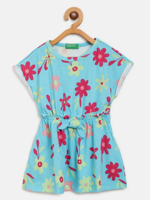 

United Colors of Benetton Girls Blue & Pink Floral Print A-Line Dress