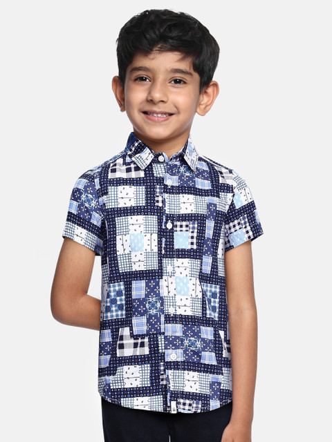 

United Colors of Benetton Boys Blue & White Regular Fit Mix Pattern Print Casual Shirt