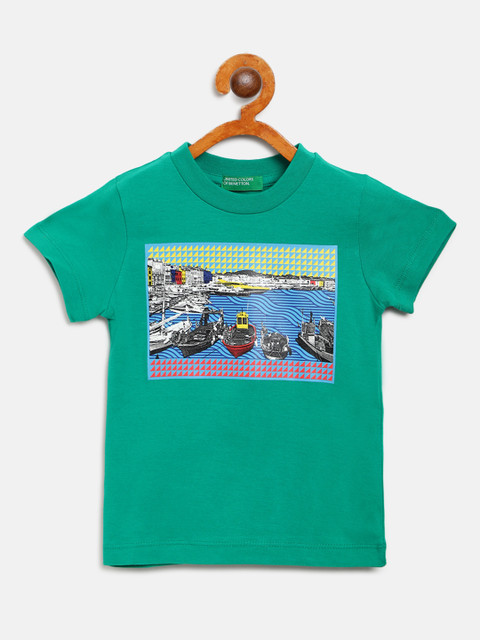 

United Colors of Benetton Boys Green & Blue City & Nautical Print Round Neck T-shirt