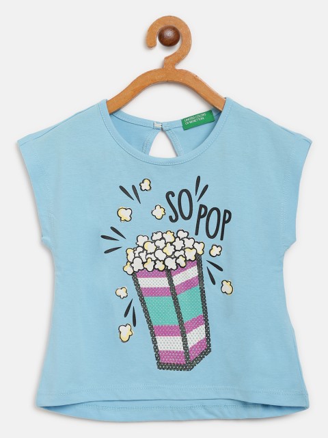 

United Colors of Benetton Girls Blue & White Pop Corn Print Round Neck T-shirt