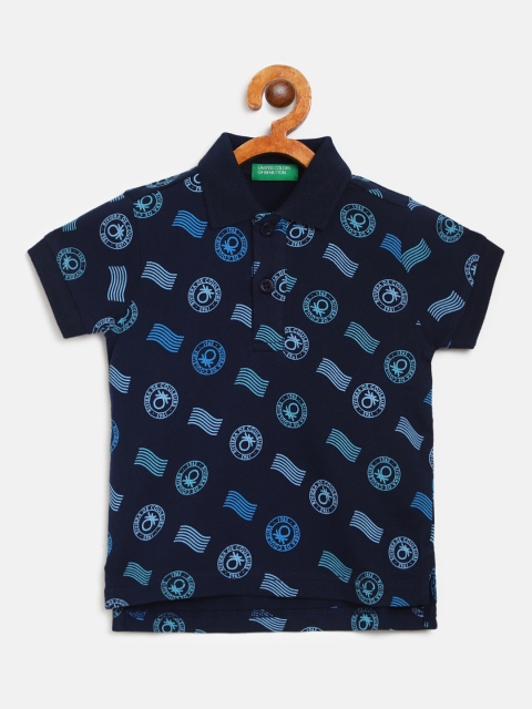 

United Colors of Benetton Boys Navy Blue Brand Logo Print Polo Collar T-shirt