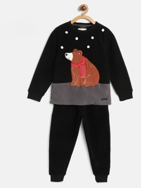 

Cherry Crumble Kids Black & Brown Bear Applique Fleece Night Suit