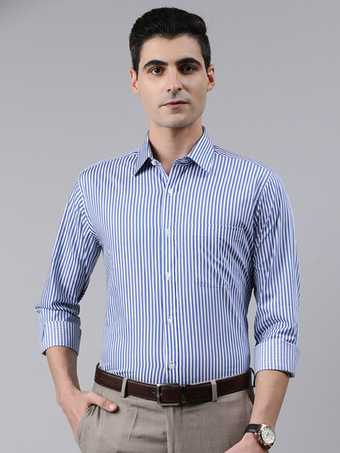 

Raymond Men Blue & White Slim Fit Striped Semiformal Shirt