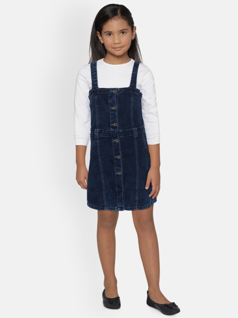 

Gini and Jony Girls White & Navy Blue Solid T-shirt with Denim Pinafore Dress