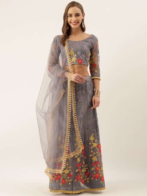

V SALES Grey & Red Embroidered Semi-Stitched Lehenga & Unstitched Blouse with Dupatta
