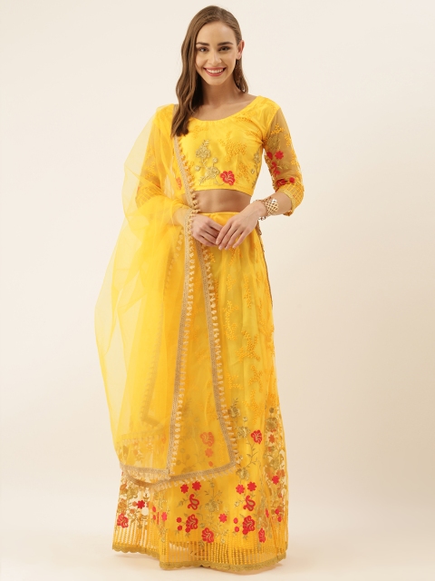 

V SALES Yellow & Red Embroidered Semi-Stitched Lehenga & Unstitched Blouse with Dupatta