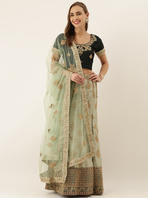 

V SALES Sea Green Embroidered Semi-Stitched Lehenga & Unstitched Blouse with Dupatta