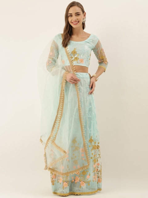 

V SALES Blue & Peach-Coloured Embroidered Semi-Stitched Lehenga & Unstitched Blouse with Dupatta
