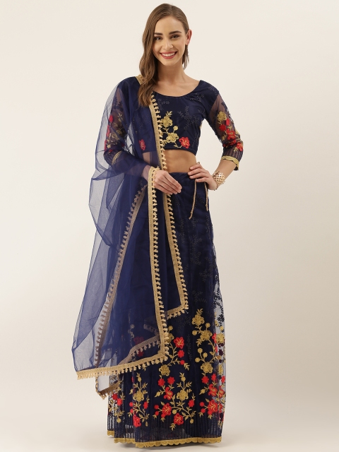 

V SALES Navy Blue & Red Embroidered Semi-Stitched Lehenga & Unstitched Blouse with Dupatta