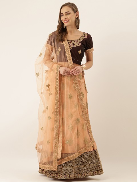 

V SALES Peach-colored Embroidered Semi-Stitched Lehenga & Unstitched Choli with Dupatta