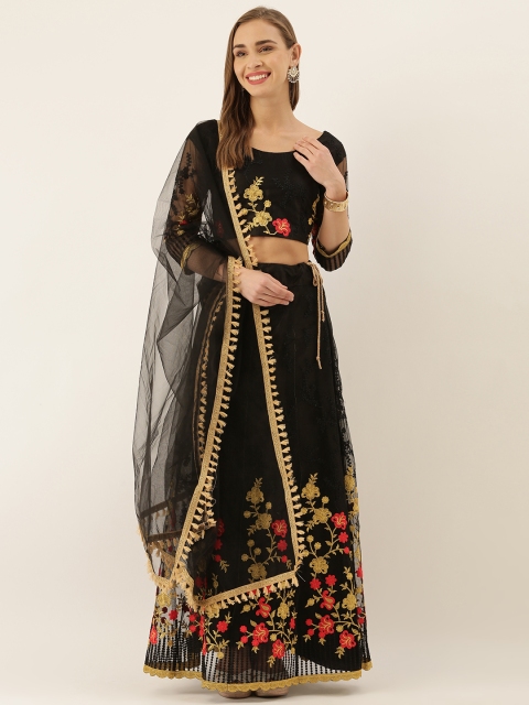 

V SALES Black & Red Embroidered Semi-Stitched Lehenga & Unstitched Blouse with Dupatta