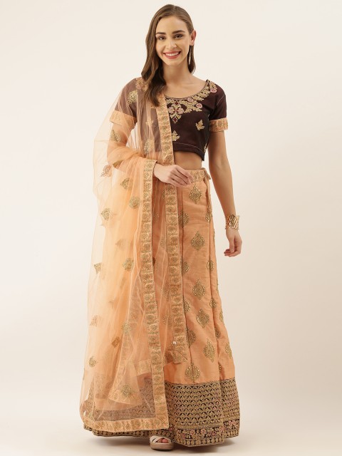 

V SALES Peach-Coloured & Burgundy Embroidered Semi-Stitched Lehenga & Unstitched Blouse with Dupatta