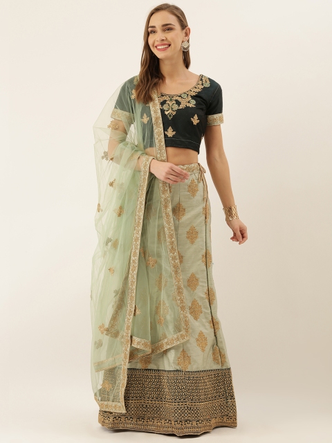 

V SALES Sea Green & Gold-Toned Embroidered Semi-Stitched Lehenga & Unstitched Blouse with Dupatta