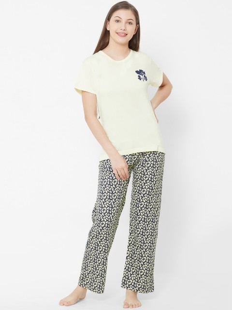 

Velvet by night Women Yellow & Blue Solid Night suit