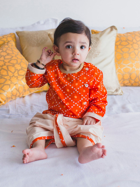 

Tiber Taber Boys Orange & Cream-Coloured Printed Kurta with Pyjamas