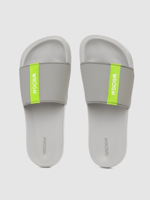 

WROGN Men Grey & Fluorescent Green Brand Logo Print Sliders