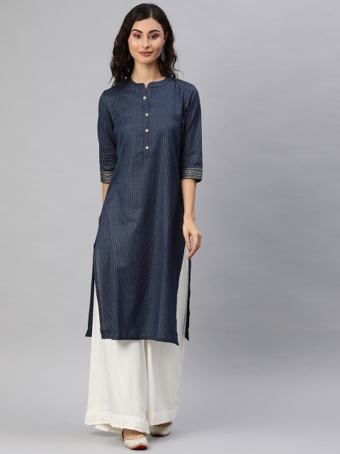 

Alena Women Navy Blue & Gold-Toned Foil Printed Straight Kurta