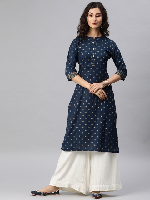 

Alena Women Navy Blue Foil Printed Straight Kurta