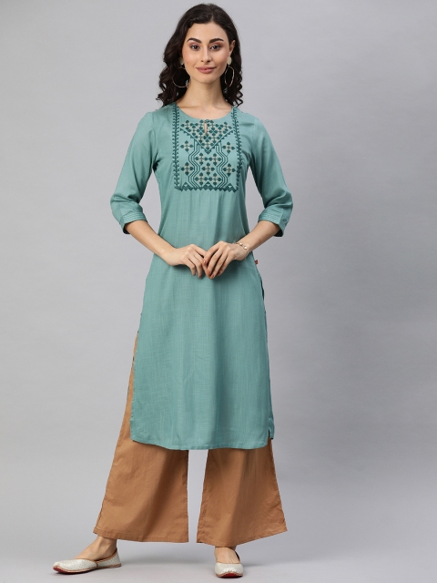 

Alena Women Teal Green Embroidered Straight Kurta