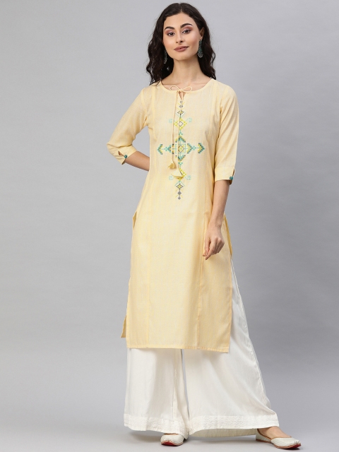 

Alena Women Off-White & Yellow Embroidered Paneled Straight Kurta